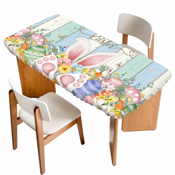 Easter Table Cloths for 5 Foot Rectangle Tables, Spring Rabbit Ear Eggs Floral Butterfly Wooden Patio Waterproof Elastic Fitted Tablecloths, Washable Rectangular Table Cover for Camping
