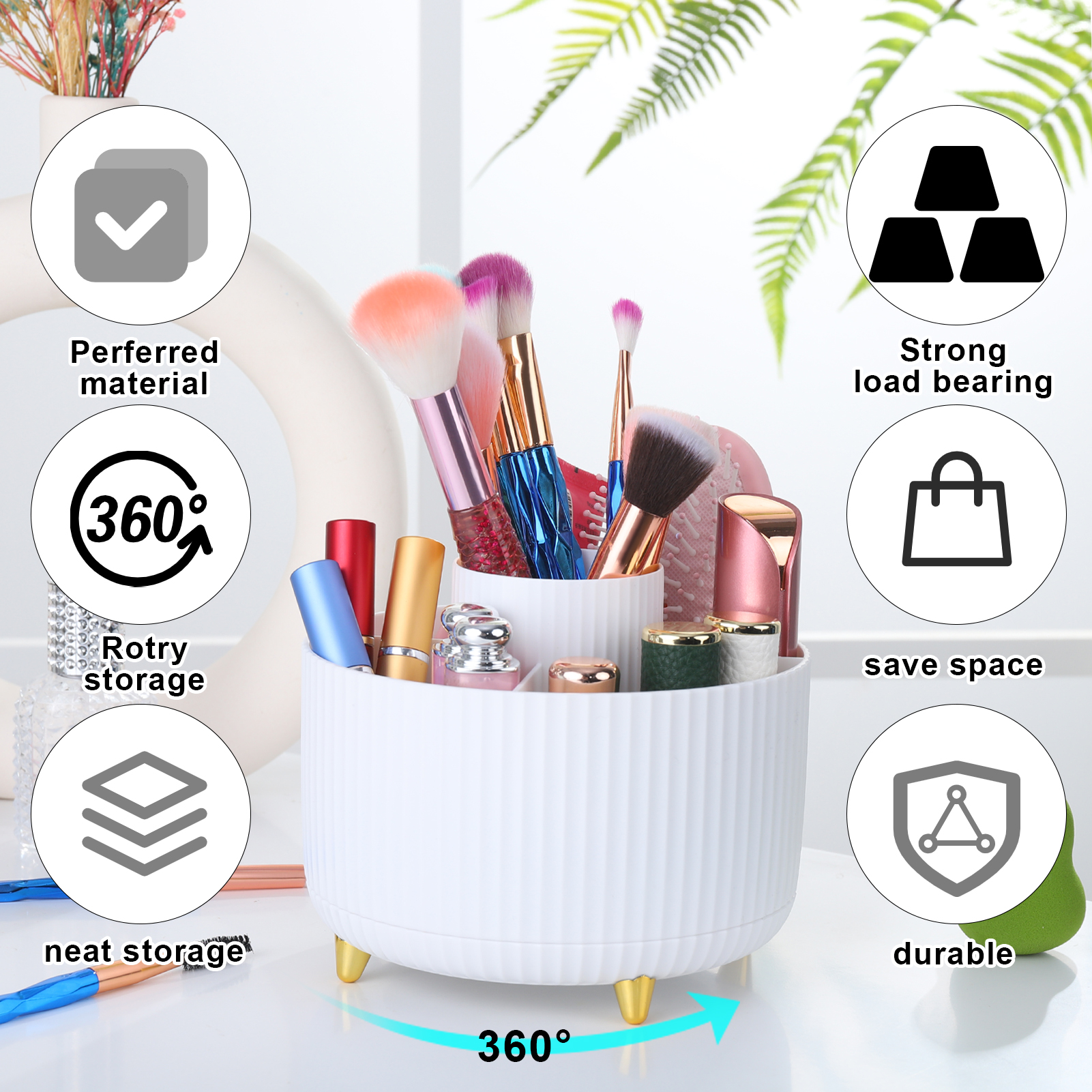 AOWOO 360° Rotating Makeup Brush Holder, White photo 6