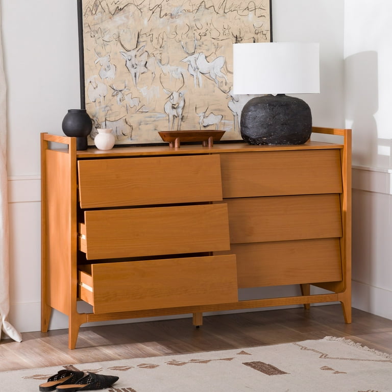 Walker Edison Modern Angle Front 6 Drawer Wood Dresser Caramel