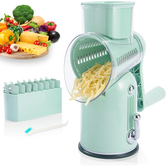 ENERGEVITY Manual Rotary Cheese Grater with Handle, 5 in 1 Replaceable Stainless Blades Cheese Shredder,Strong Suction Base Vegetable Slicer with Cleaning Brush & Bonus Storage Box for Blades (green)