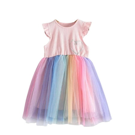 

One Opening Toddler Baby Girls Tulle Mesh Rainbow Sleeveless Princess Sundress