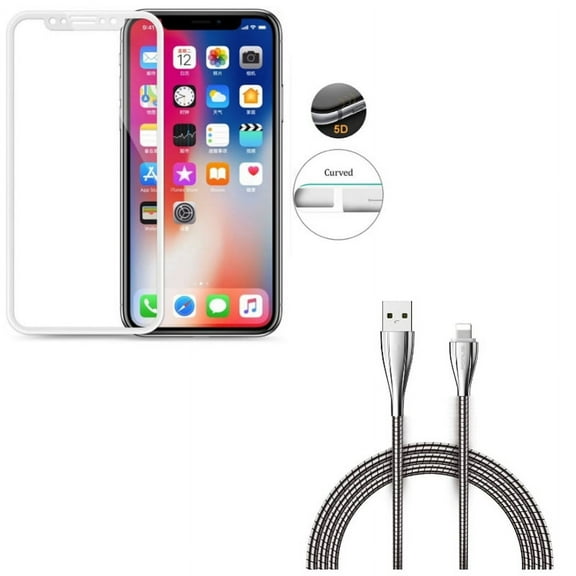 iPhone XS/X - 6ft Metal USB Cable w Tempered Glass Screen Protector - Charger Cord Power Wire Braided Long Sync, 5D Touch Curved Edge Full Cover Bubble Free Case Friendly 9H Hardness