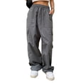 thumbnail image 2 of Pantalones Casuales Color Puro Bolsillo Grande Cordón Moda Pantalones Largos Sueltos para Mujer Gris S, 2 of 6