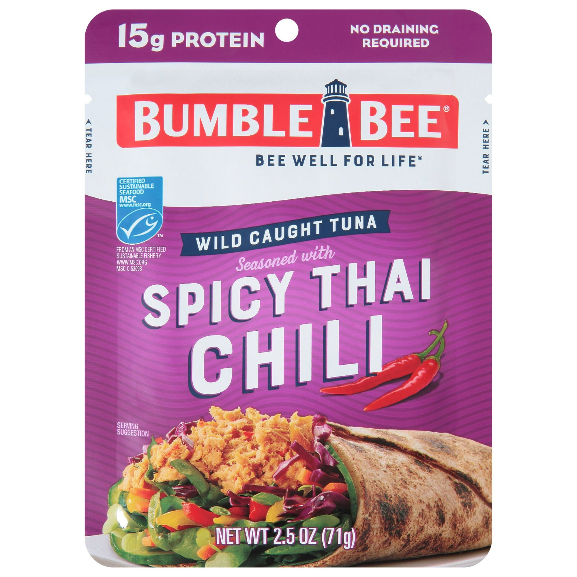 Bumble Bee Spicy Thai Chili Seasoned Light Tuna, Wild Caught, Gluten Free, 15g Protein Per Serving, Shelf Stable Pouch, 2.5 oz