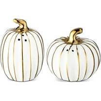UniVerse 2 Pcs Fall Pumpkin Shaped Salt and Pepper Shakers 3 Inch Ceramic Salt and Pepper Shakers Set for Holiday Home Indoor Kitchen Decorations(White and Gold)
