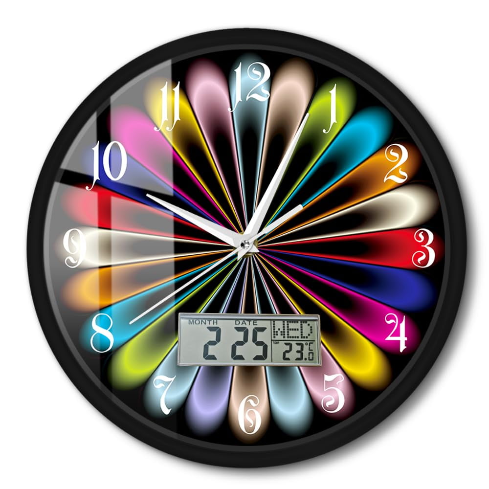 Kaleidoscope Color Changes 12'' Metal Frame Wall Clock with Perpetual Calendar Temperature Display