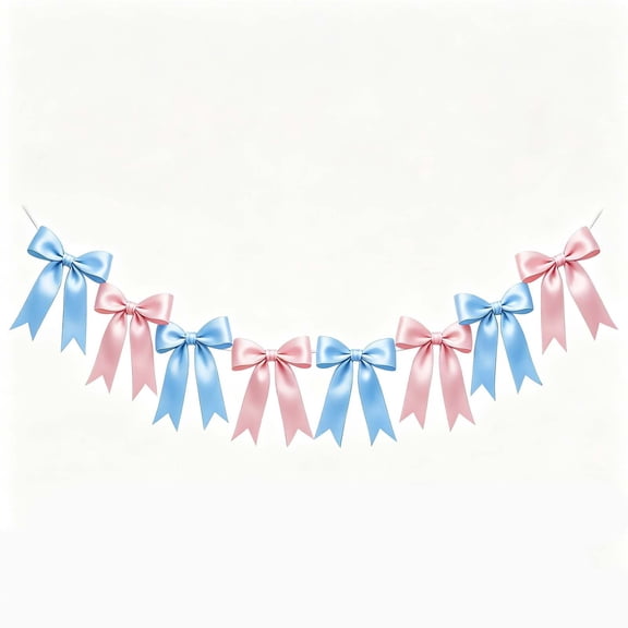 8-Piece Blue Bow Garland Set, Strung Satin Ribbon Ornaments with Elegant Loop Design, Birthday Banner Decor for Nursery Bedroom Party Wall and Gift Table