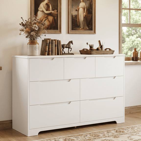 7 Drawers Dresser, 47" Wide Chest of Drawers with Handle Free Design, Modern Storage Organizer with Metal Handles, for Bedroom, Living Room, Hallway, Office, Entryway, White