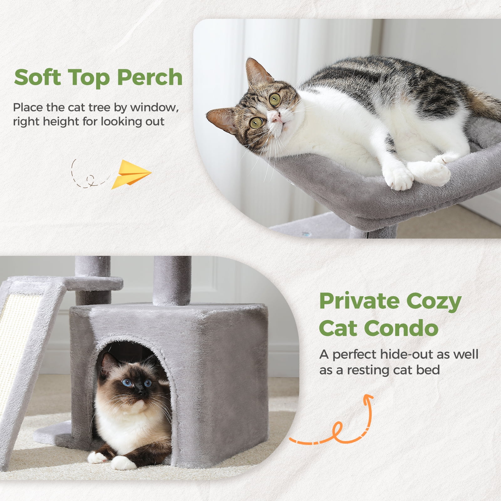 Pefilos 32" Cat Tree Tower, Cute Cat Condo with Sisal Scratching Ramp, Cozy Hammock and Removable Top Bed Perch for Indoor Kittens, Gray