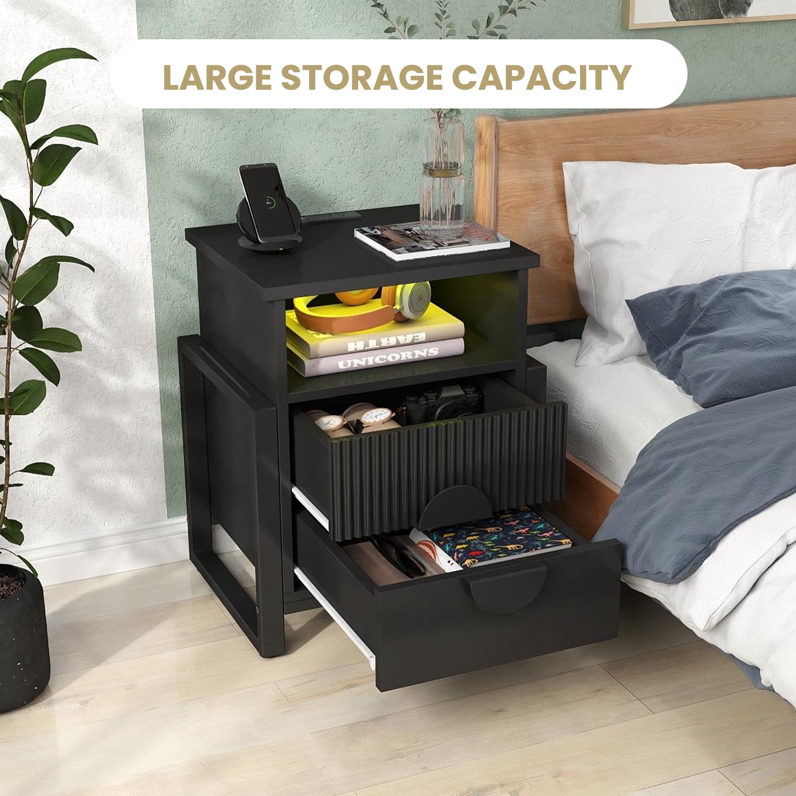 Holliwill Nightstand with Charging Station Set of 2, 2 Drawer Dresser for Bedroom with LED Light, Fluted Bedside Table End Table Side Table for Living Room, Black