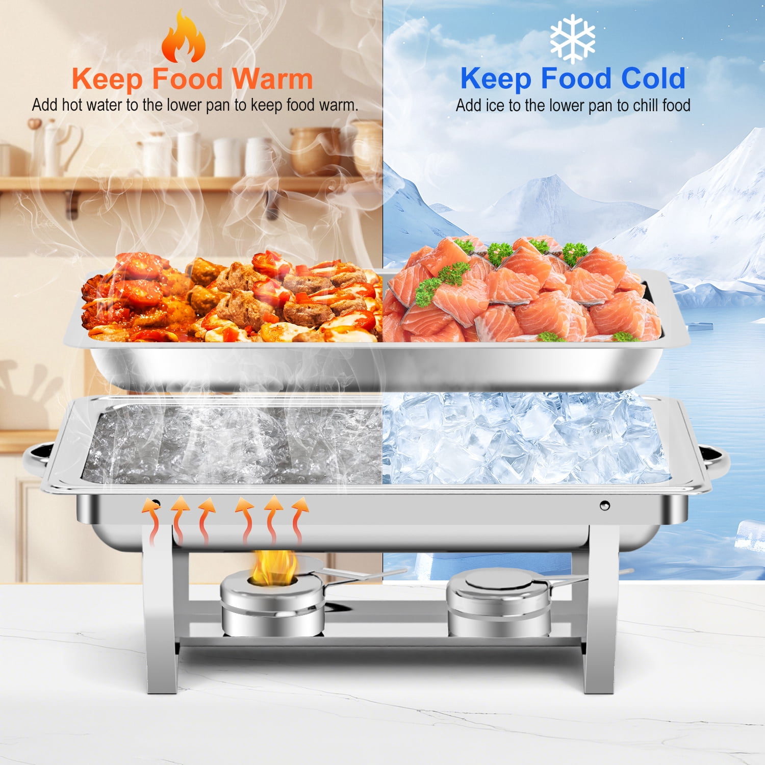 Bluebow 4 Pack Chafing Dishes for Buffet Set, Stainless Steel Catering Chafer, Serving Food Warmer with Lids, Food & Water Pans & Fuel Holders