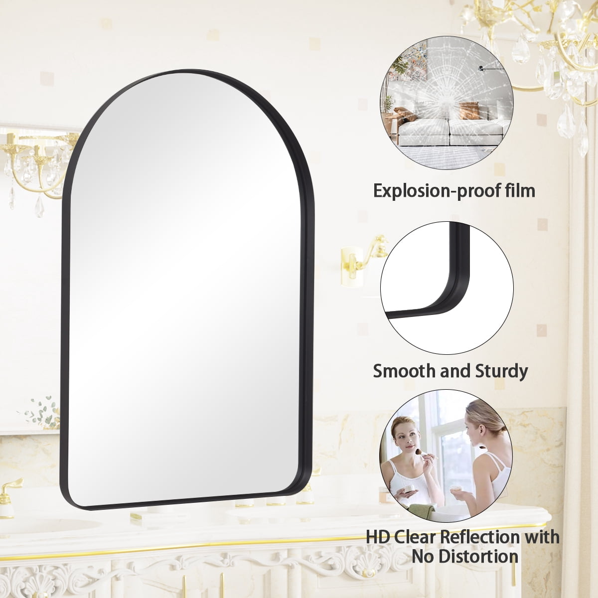 Gleamira 36"x48" Arched Bathroom Wall Mirror Rounded Corner Vanity Mirror with Metal Frame, Black