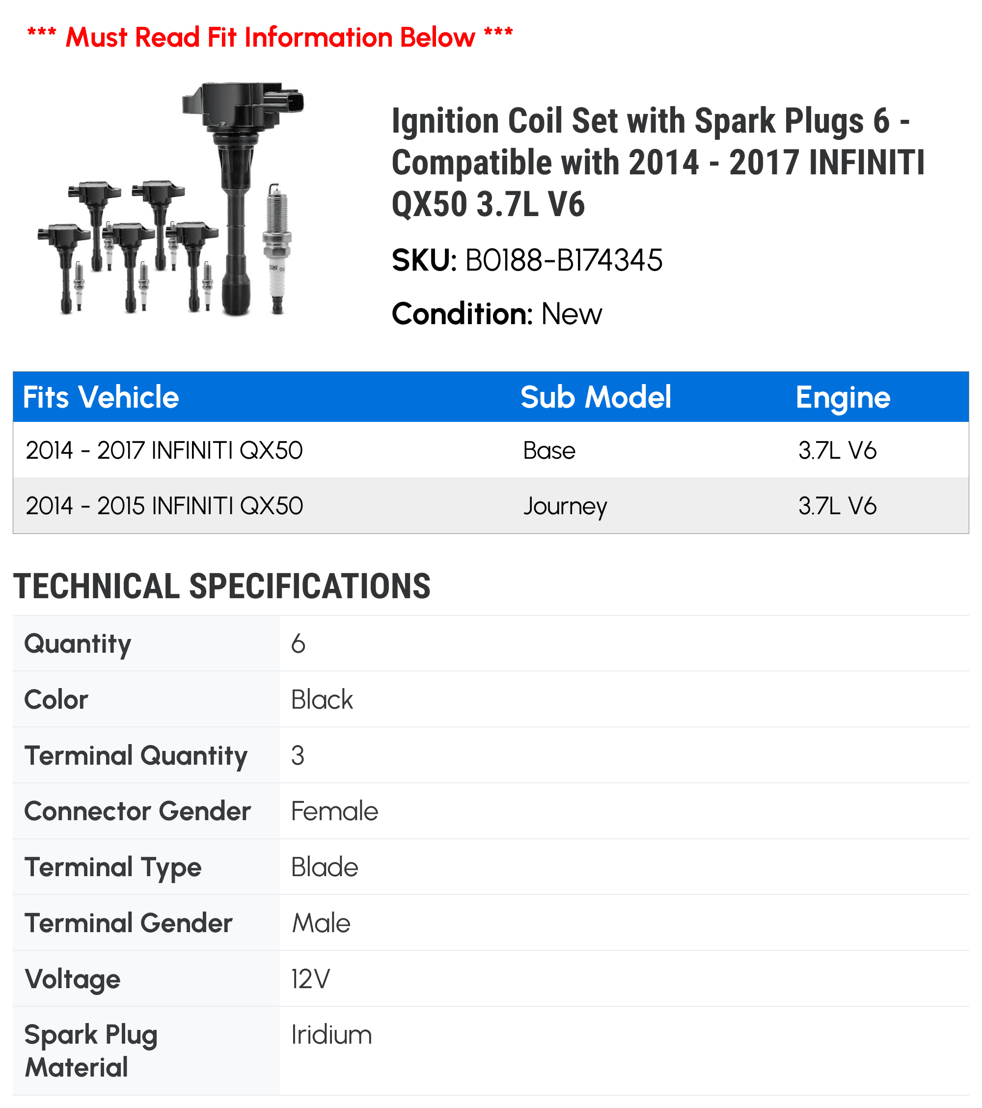 Ignition Coil Set with Spark Plugs 6 - Compatible with 2014 - 2017 INFINITI QX50 3.7L V6 - Autopart Premium