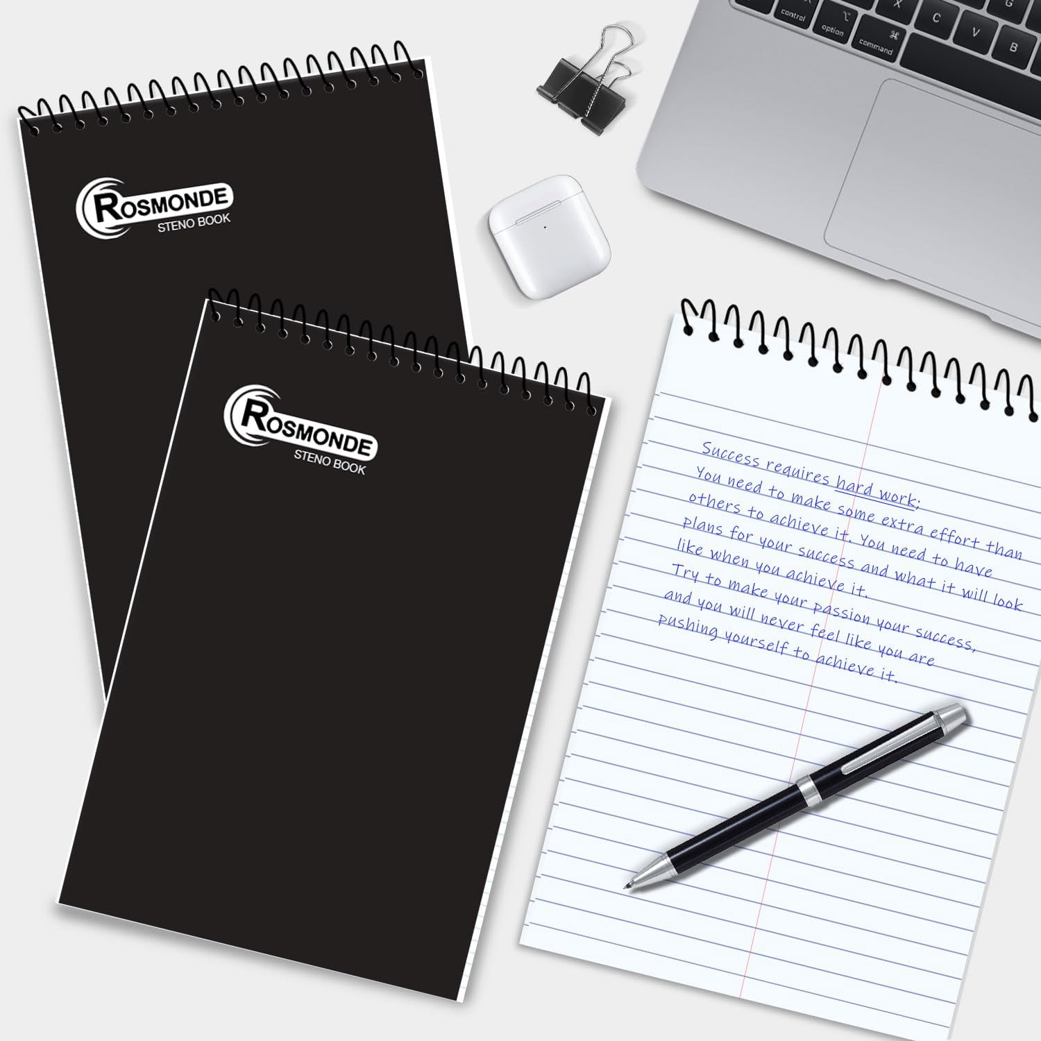 Rosmonde Spiral Steno Pads 12 Pack, 6 x 9 in, Gregg Ruled, 80 Sheets (160 Pages), Top Spiral Notebook, Black Cover, Bulk Steno Pads for Business, Office & Professional Use