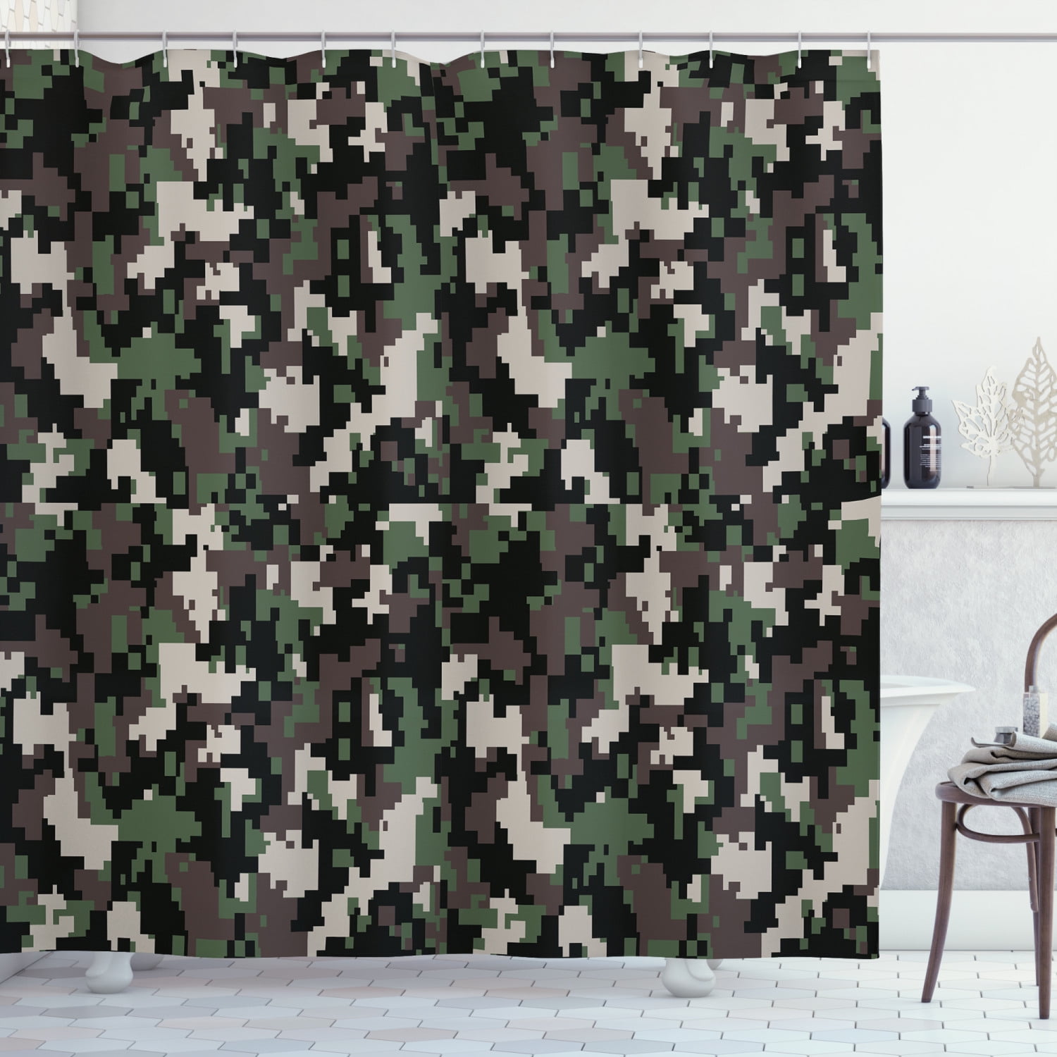 Camouflage Polyester Bathroom Shower Curtain Traditional Camo Decor Bath Mat Rug 