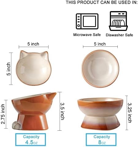 Elevated Cat/Dog Bowls Set : 5 Inch Ceramic Raised Cat Food & Water Bowl Set for Protecting Pet's Spine - Feeding & Watering Supplies for Pets - Elegant Brown (2 PC)
