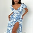 thumbnail image 2 of Women‘s Summer Short Sleeve V Neck High Split Midi Floral Dress, 2 of 4