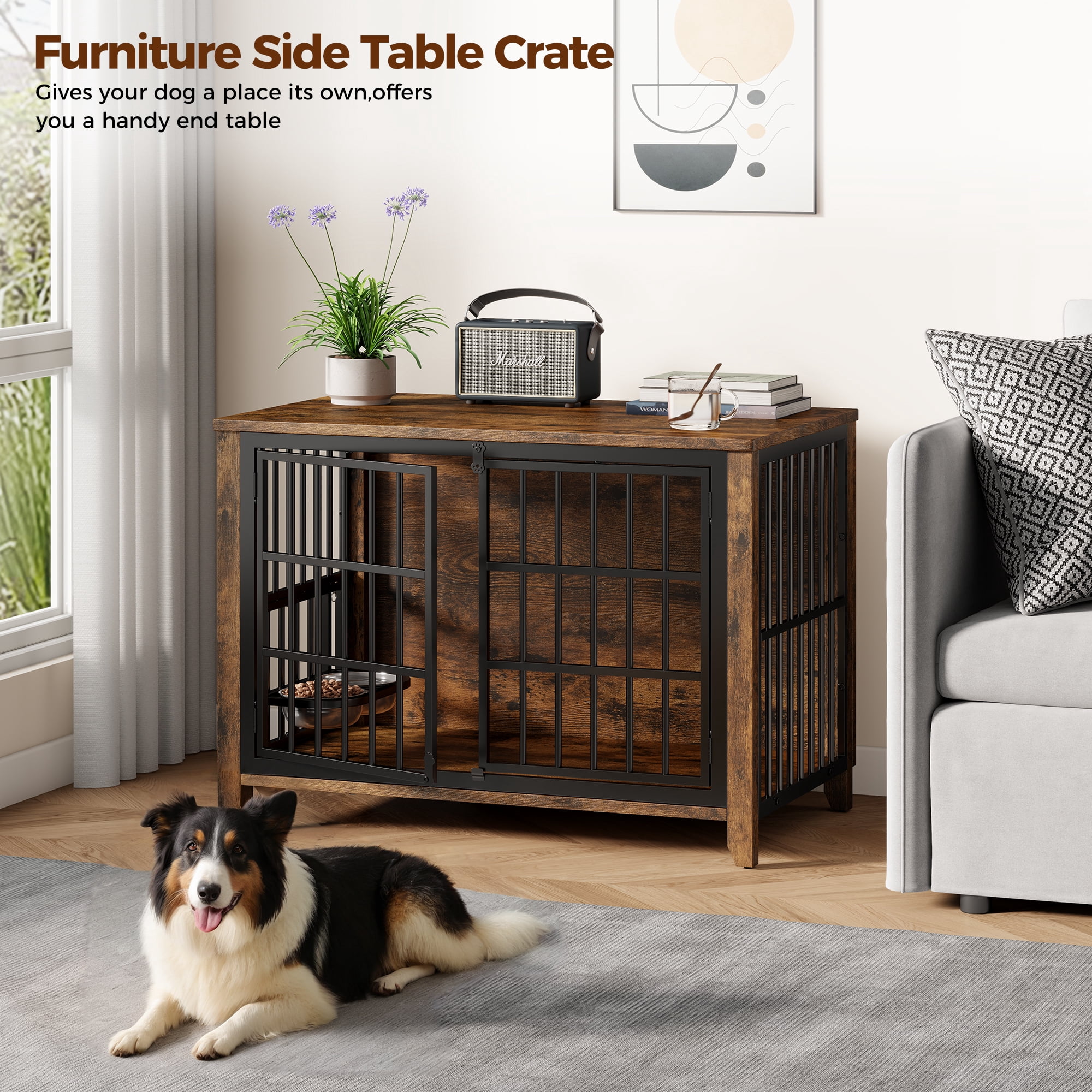 Laintene 37" Dog Crate Furniture with Bowls, Wooden Dog Crate Indoor, Inside Dog Kennels for Medium Large Dogs, Heavy Duty Dog Cage Table, Brown