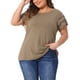 thumbnail image 4 of Agnes Orinda Blusas de verano para mujeres de talla grande con panel de encaje y mangas cortas huecas 2X marrón, 4 of 6
