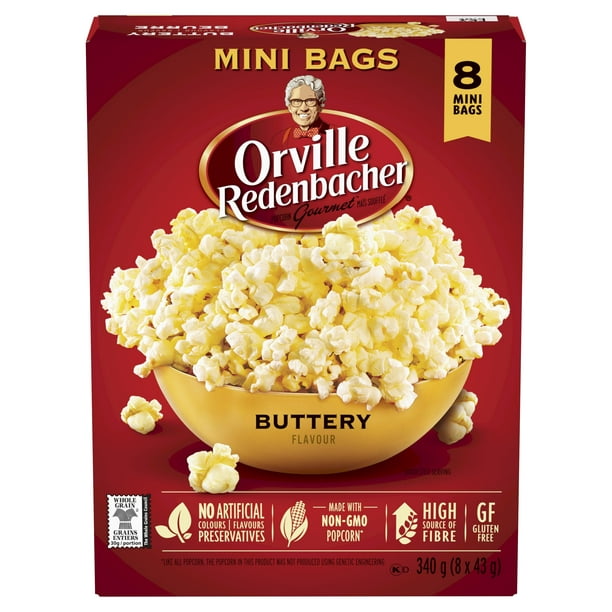 Maïs soufflé au micro-ondes au beurre en mini sacs Orville Redenbacher (8 sacs, 43g) sans OGM, grains entiers micro-ondes  maïs soufflé  avec a source élevée de fibres et sans gluten