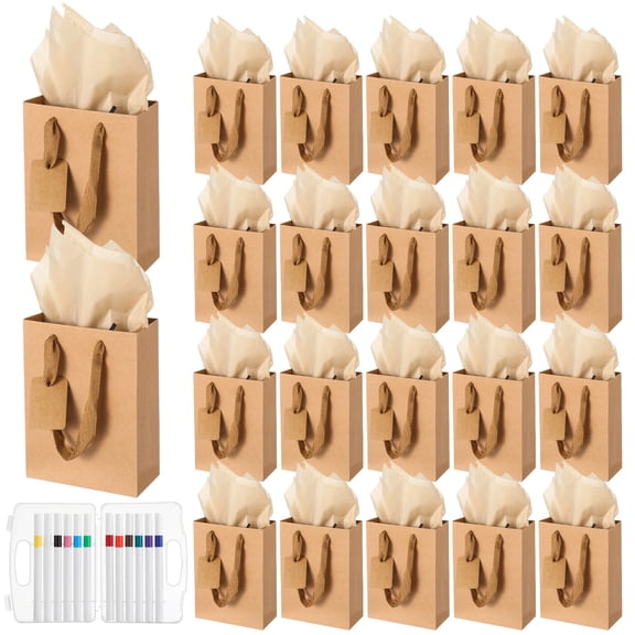 312 Pcs Kraft Paper Gift Bag Set, Includes 100 Brown Mini Paper Gift Bags, 100 Small Cards, 100 Smooth Tissue Papers, and 12 Colored Markers, for DIY, Parties, Birthday, Wedding Showers