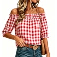 thumbnail image 2 of Setooff Womens Shirts, Gingham Off Shoulder Bubble Sleeve Shirts for Women, Elastic Ruffle Neck Loose Casual Summer Blouse, 2 of 7