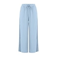 thumbnail image 5 of Mifsaly Linen Drawstring Pants Women Crochet Side Cutout Detail Wide Leg Casual Summer Pant Lightweight Flowy Vacation office Lounge Outfits with Pockets Sky Blue,S, 5 of 7