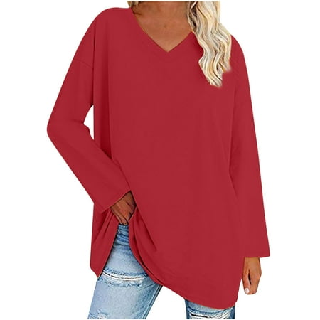 

Women Tunic Blouse Tops Drop Shoulder V-Neck Color Tee Pullover Long Sleeve Loose Casual Daily Shirts