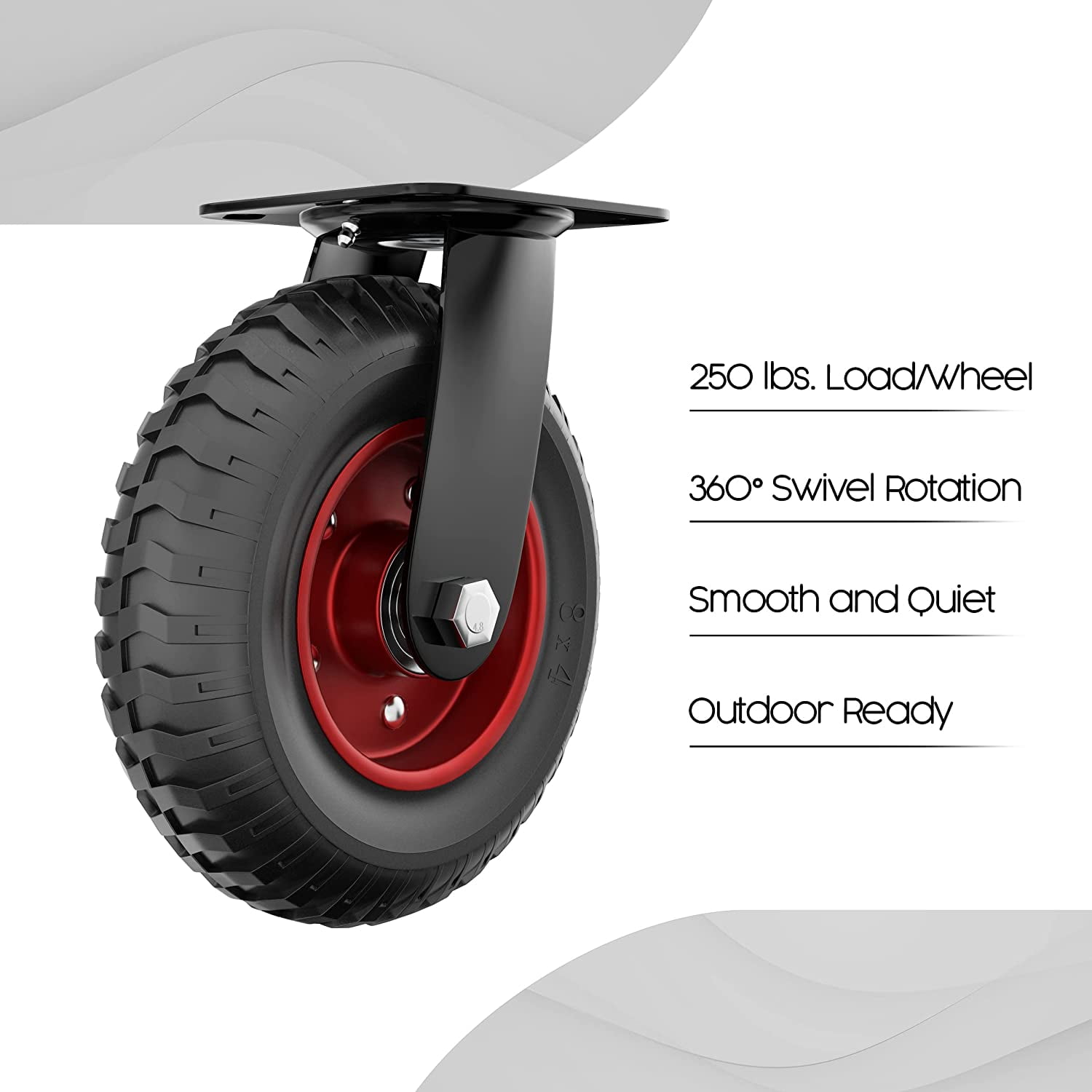 Houseables Swivel Heavy Duty Caster Wheel, Industrial Casters, 8 Inch, 1 Wheel, Red Rim, Rubber, Cast Iron, Large, Tires, Outdoor, Flat Free for Carts, Dolly, Workbench, Trolley, Black