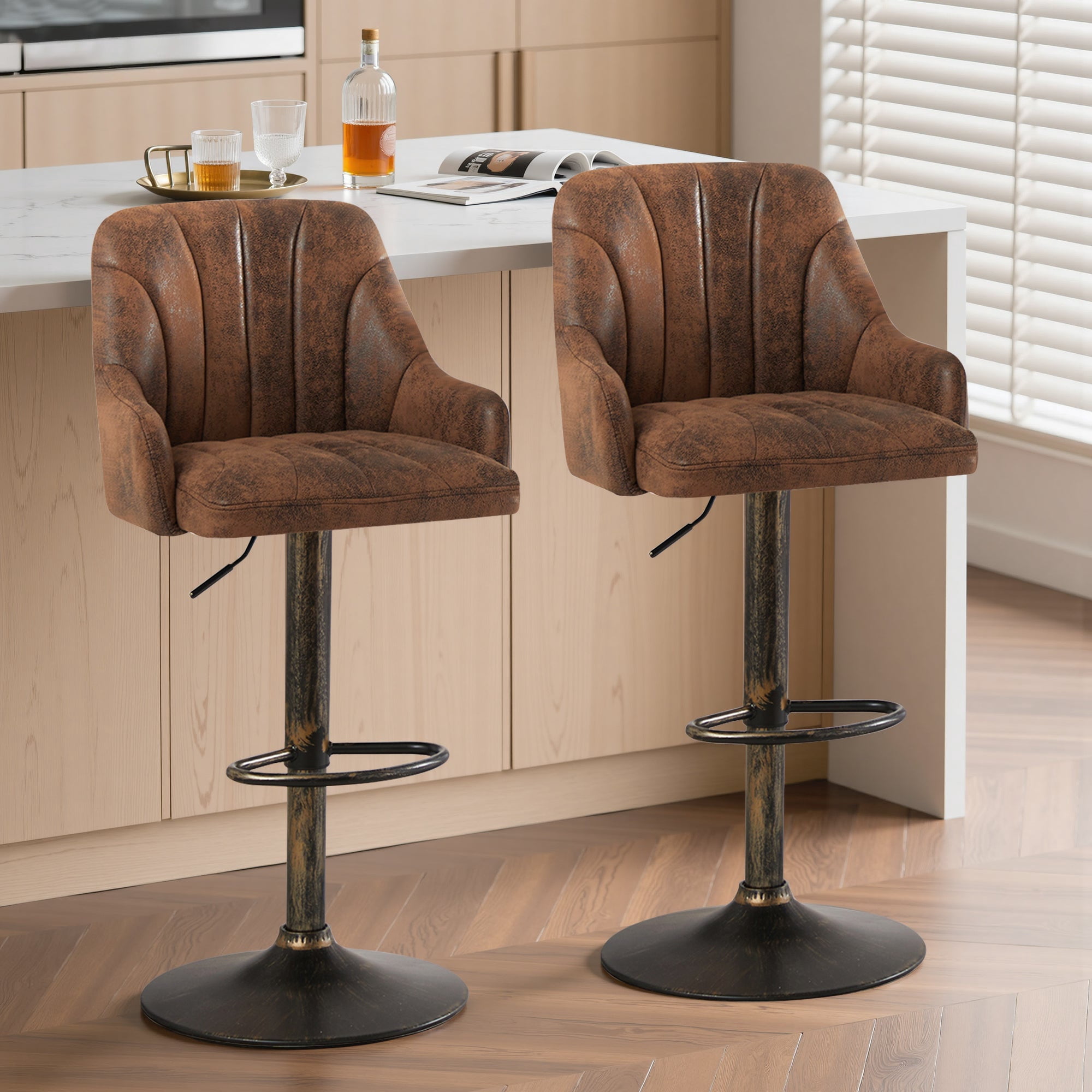 VECELO Set of 2 Swivel Bar Stools, Adjustable Counter Height Barstools Faux Leather Chair with Backrest and Armrest, Dark Brown
