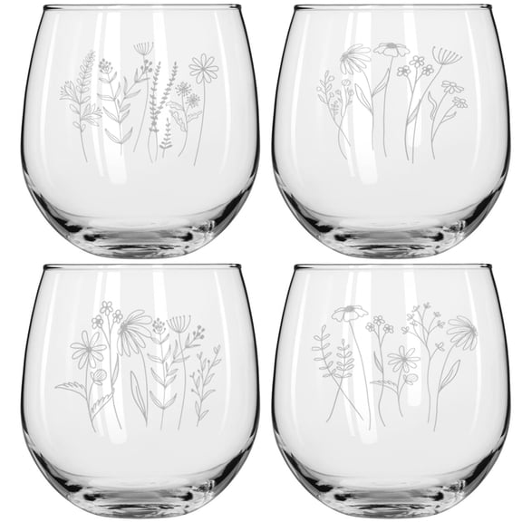 Set of 4 Wine Glass for Red or White Wine Gift Wildflowers Collection (16 oz Stemless)