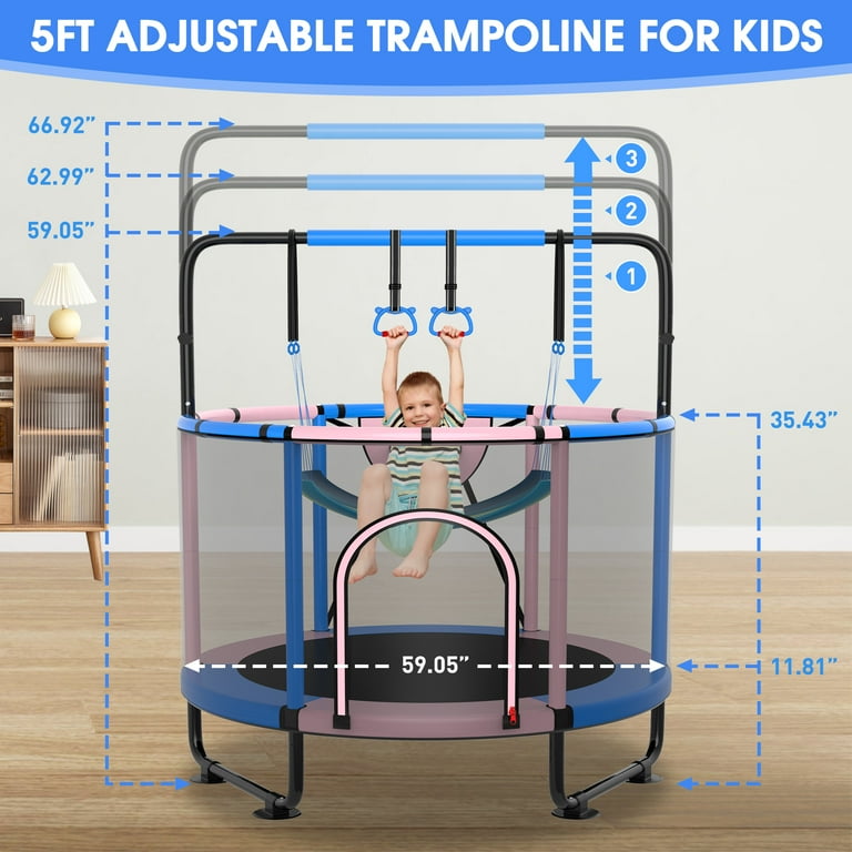 Kumix Trampolines for Kids 60 Mini Trampoline for Toddlers with Enclosure Swings Basketball Hoop Adjustable Bars and Rings 400LBS No Gap