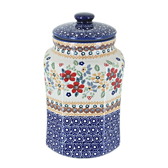 Blue Rose Polish Pottery Red Daisy Small Canister with Seal