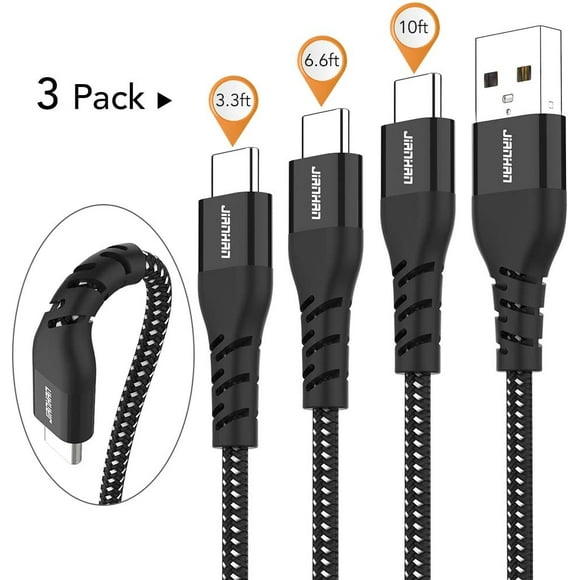 Câble USB C, JianHan 3 Pack (3.3ft + 6.6ft + 10ft) Câble de Chargement USB de Type C Cordon Tressé pour Samsung Galaxy