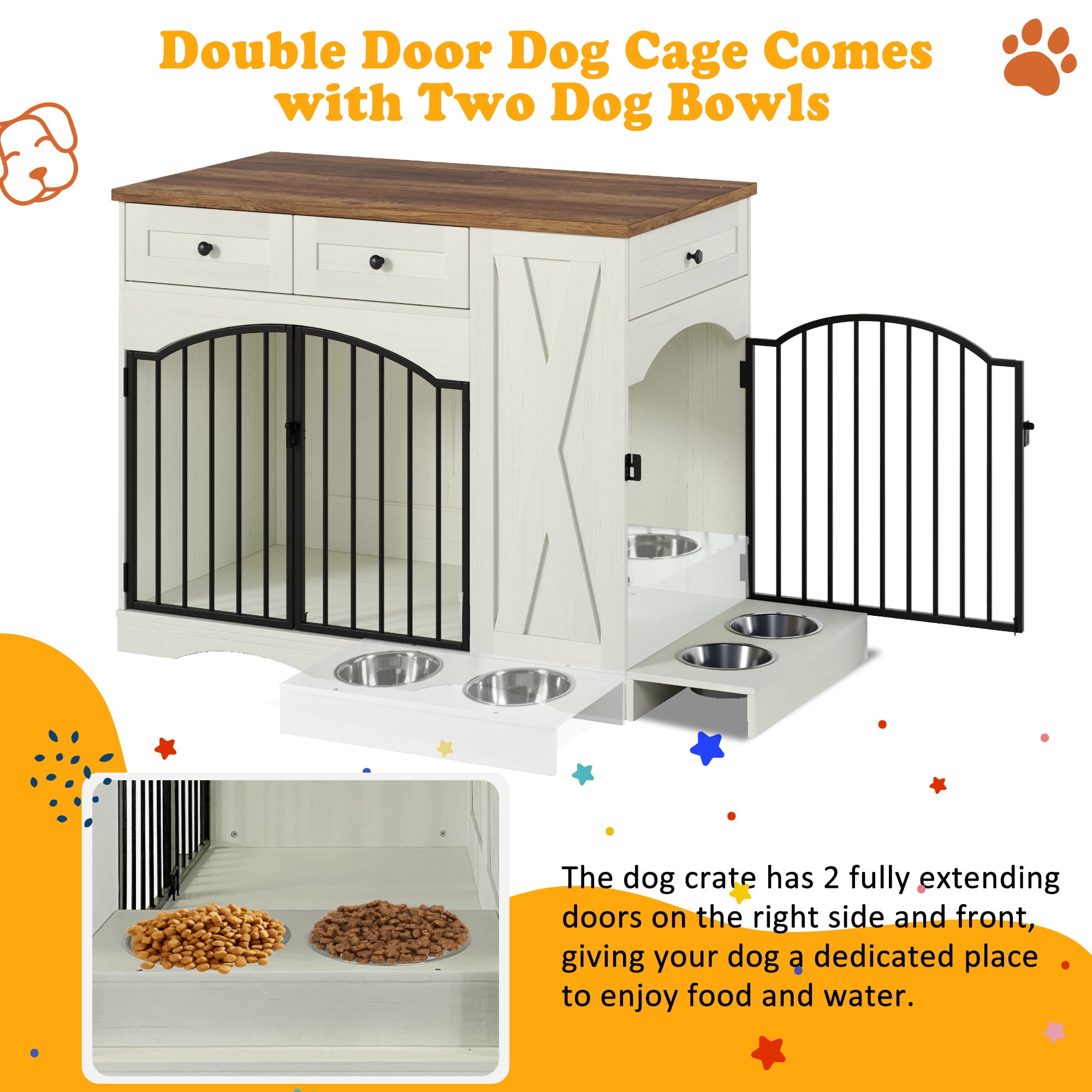 Mintazer 43.3" Farmhouse End Table Dog Crate Furniture & 2 Doors, Indoor Pet Kennel with 3 Storage Drawers & Detachable Feeder Tray, Dog Cage End Table for Medium Large Dogs, Beige & White