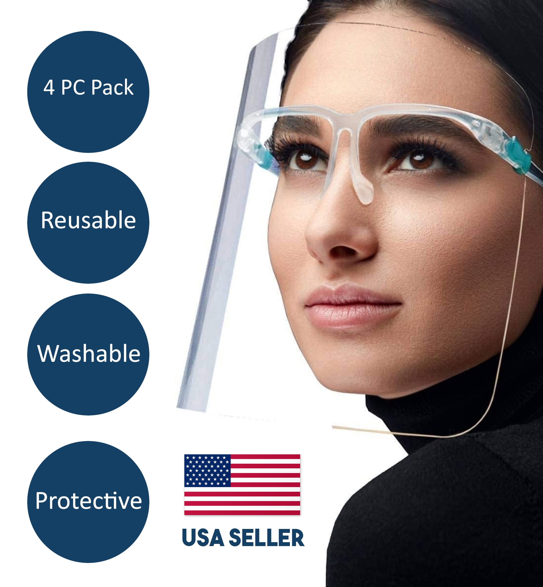 Set of 4 Full Face Shield Reusable with Glasses Frame Protector Visor Cap 