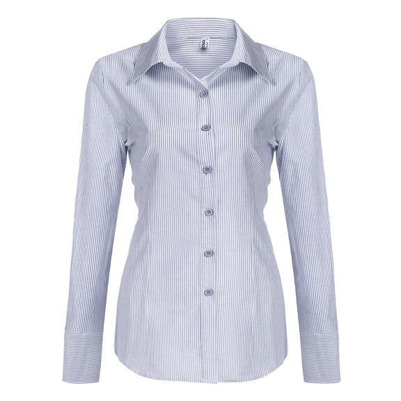 Women's Stripe Button Down Work Shirts (Blue Stripe L) Slim Fit Long Sleeve Poplin Shirt