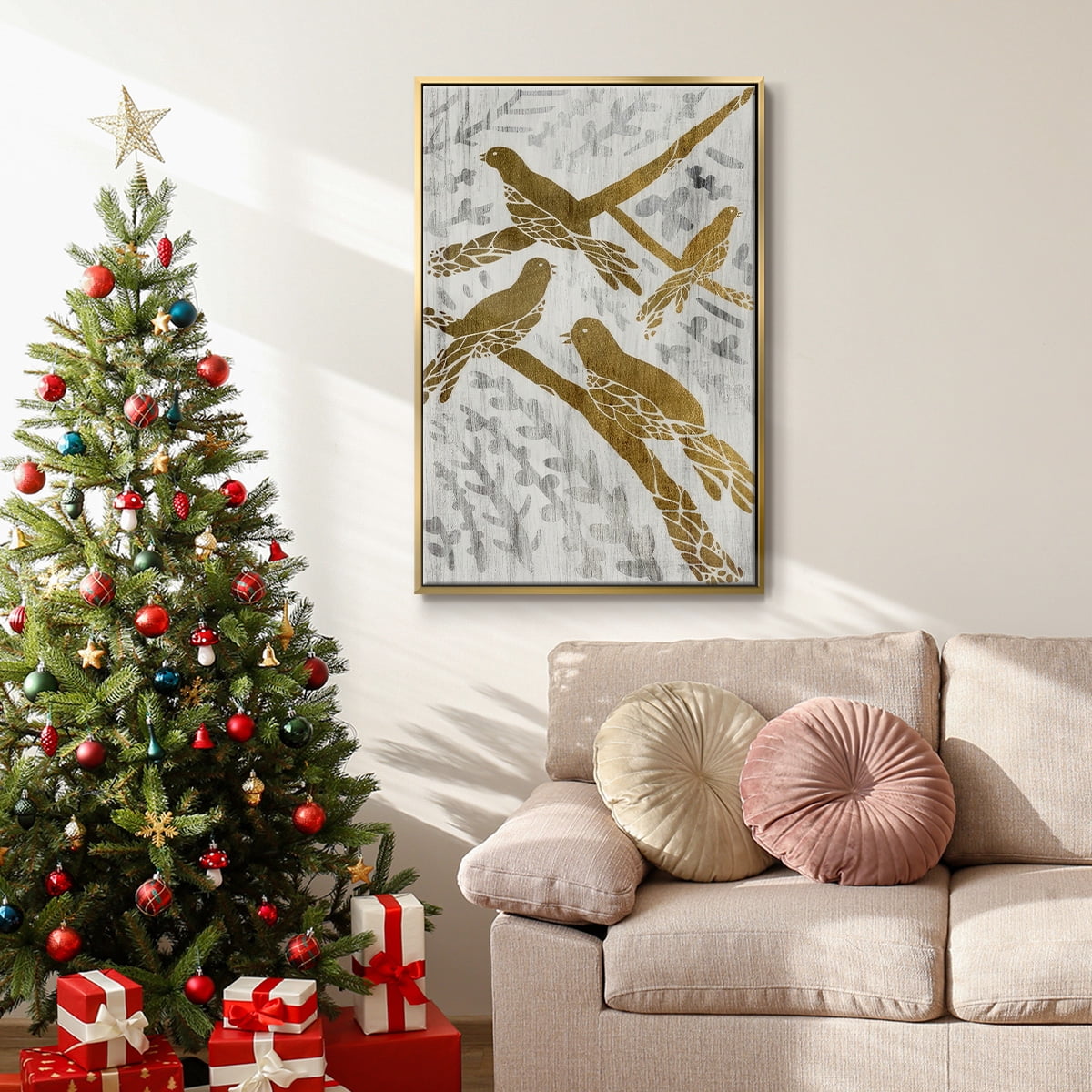 Four Calling Birds - Gold Leaf Holiday - Framed Gallery Wrapped Holiday Canvas - 25 x 37 - Gold Frame