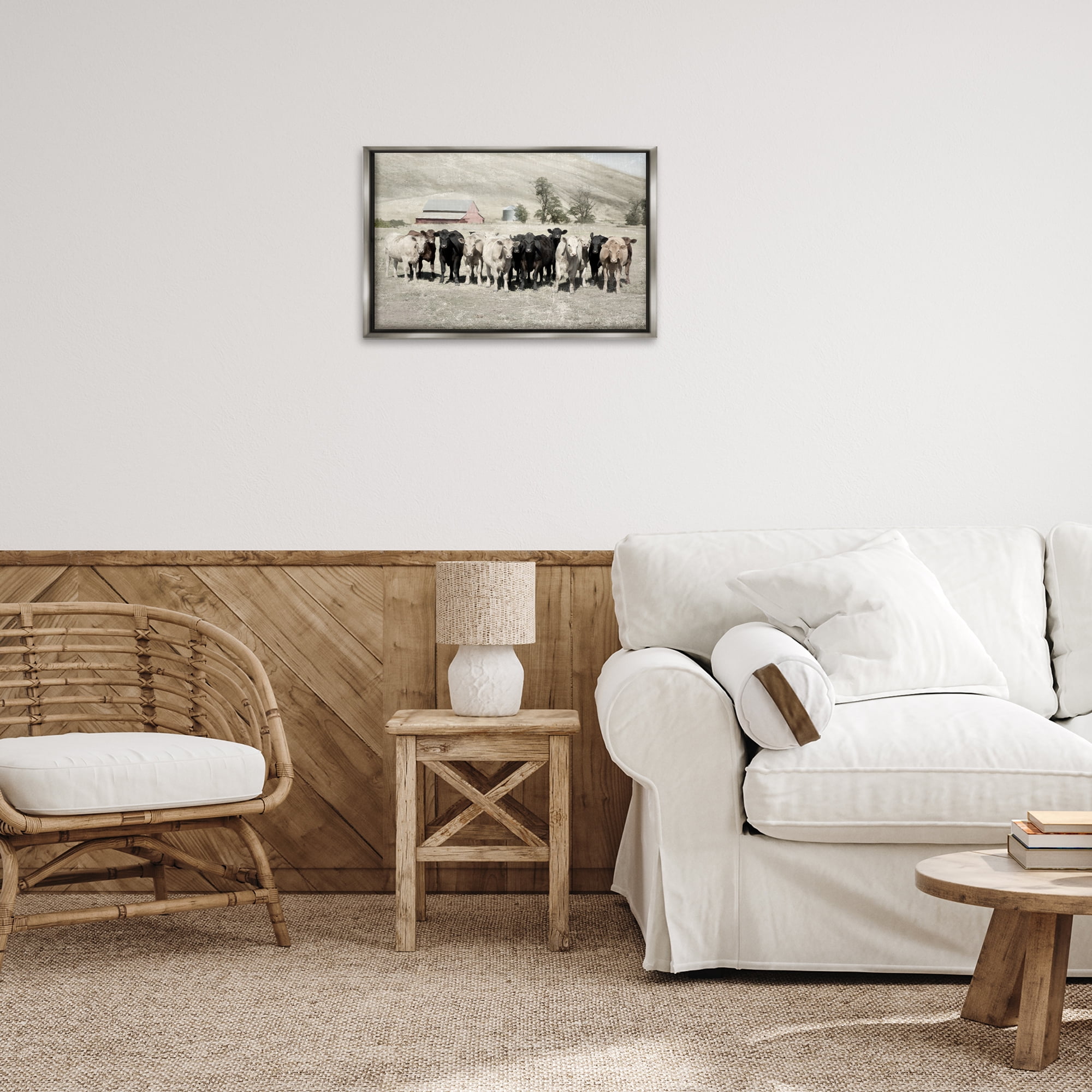 Stupell Industries Varied Cattle on Farm Landscape Painting Gray Floater Framed Canvas Art Print Wall Art, 25 x 17