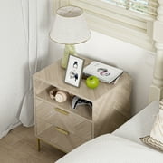 Industrial Small Accent Side Table with Drawer, Open Shelf, Herringbone Pattern Wooden Storage Cabinet, Oak H0103