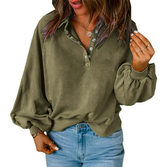 gbyLJF Womens Sweatshirt Fall Clothes Lantern Sleeve Drop Shoulder Pullover Loose Fit Streetwear Button Trendy Outfits Army Green XXL