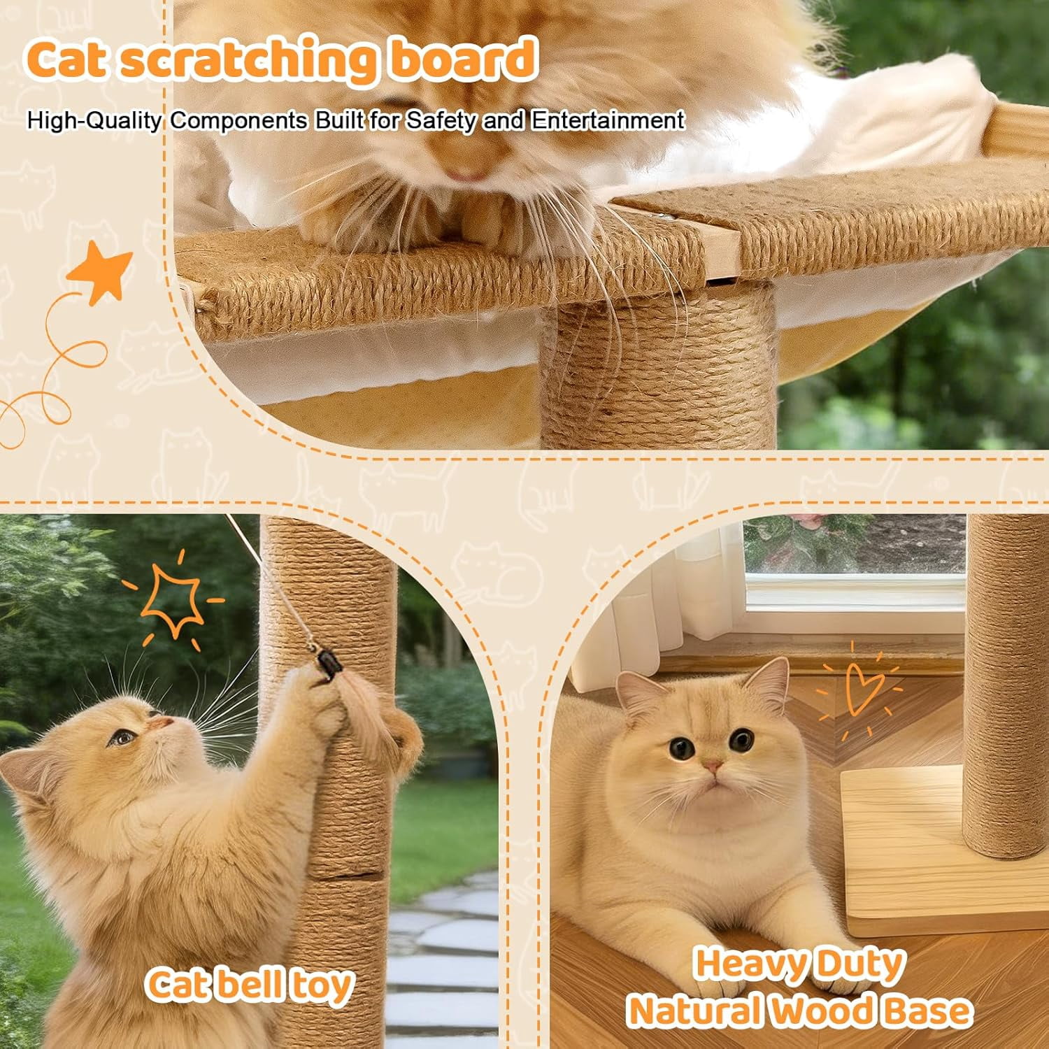 Cat Window Perch Hammock with 3-Piece Detachable Sisal Scratching Posts, Gray Fluffy Cusion, Drill-Free Suction Cup Mount, Multi-Level Climbing Perch for Bird Watching, 45 LBS Capacity