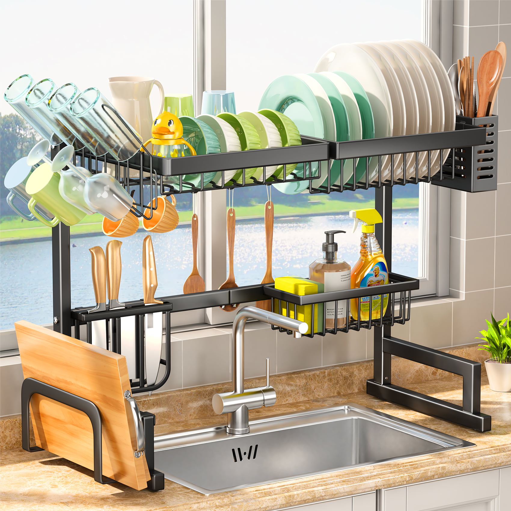 PUSDON Over Sink Dish Drying Rack Display (26-38), Adjustable Large 2  Tier Dish Drainer for Storage Kitchen Counter Organization, Stainless Steel
