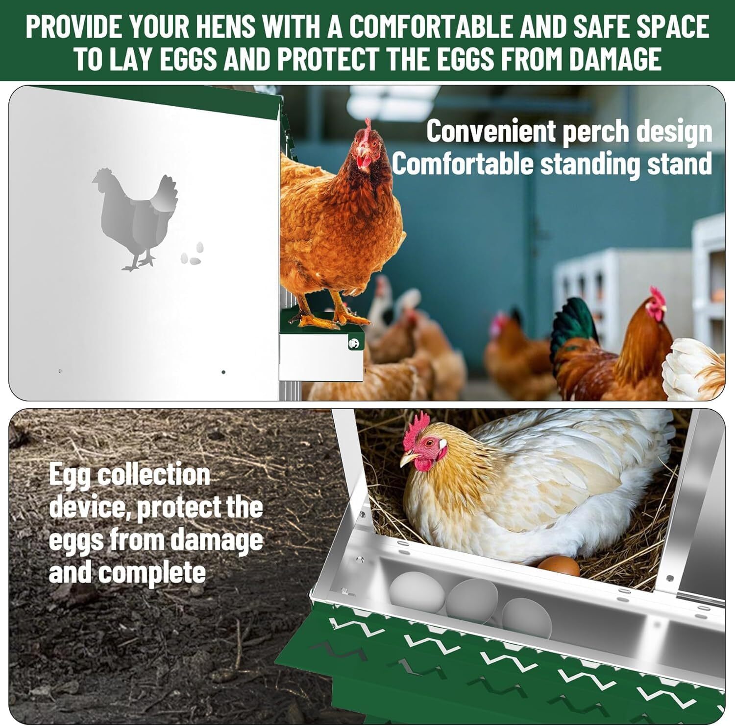 SparkTrend Nesting Boxes for Chickens, 8 Compartment Chicken Nesting Box, Metal Chicken Laying Boxes with Perch, Secure Lid, Versatile Wall Mount or Free Standing for Hens, Green