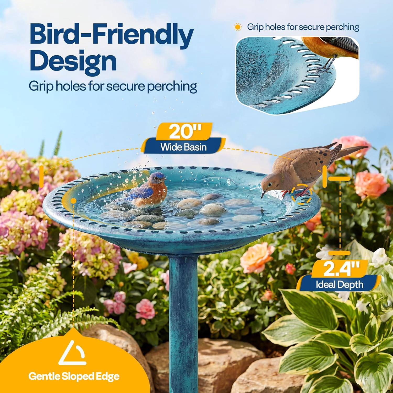 SPECSTAR Bird Bath, 28 inch Height Polyresin Lightweight Antique Outdoor Garden Birdbath Blue