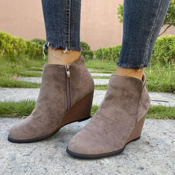 LSLJS Vintage Women Ankle Boots Round Toe Zipper Wedge Heel Short Shoes, Women's Ankle Boots & Booties, Womens Boots