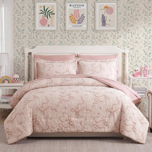 Juego de cama Geniospin lazo rosa para cama individual, 5 piezas