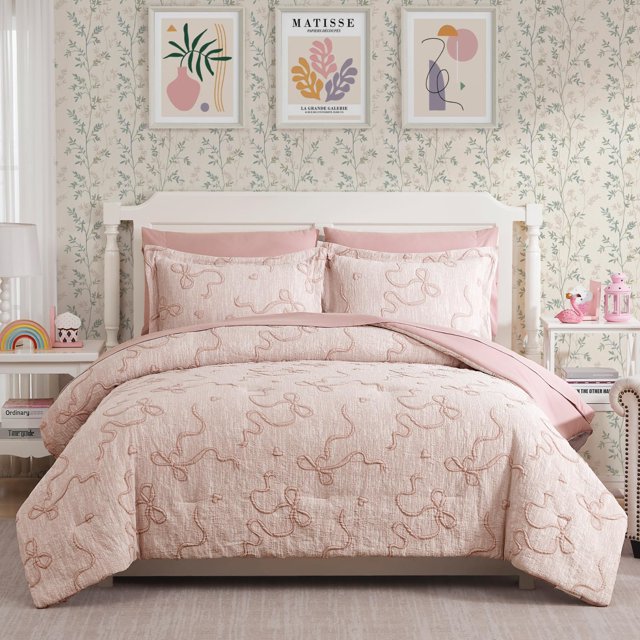Juego de cama Geniospin lazo rosa para cama individual, 5 piezas