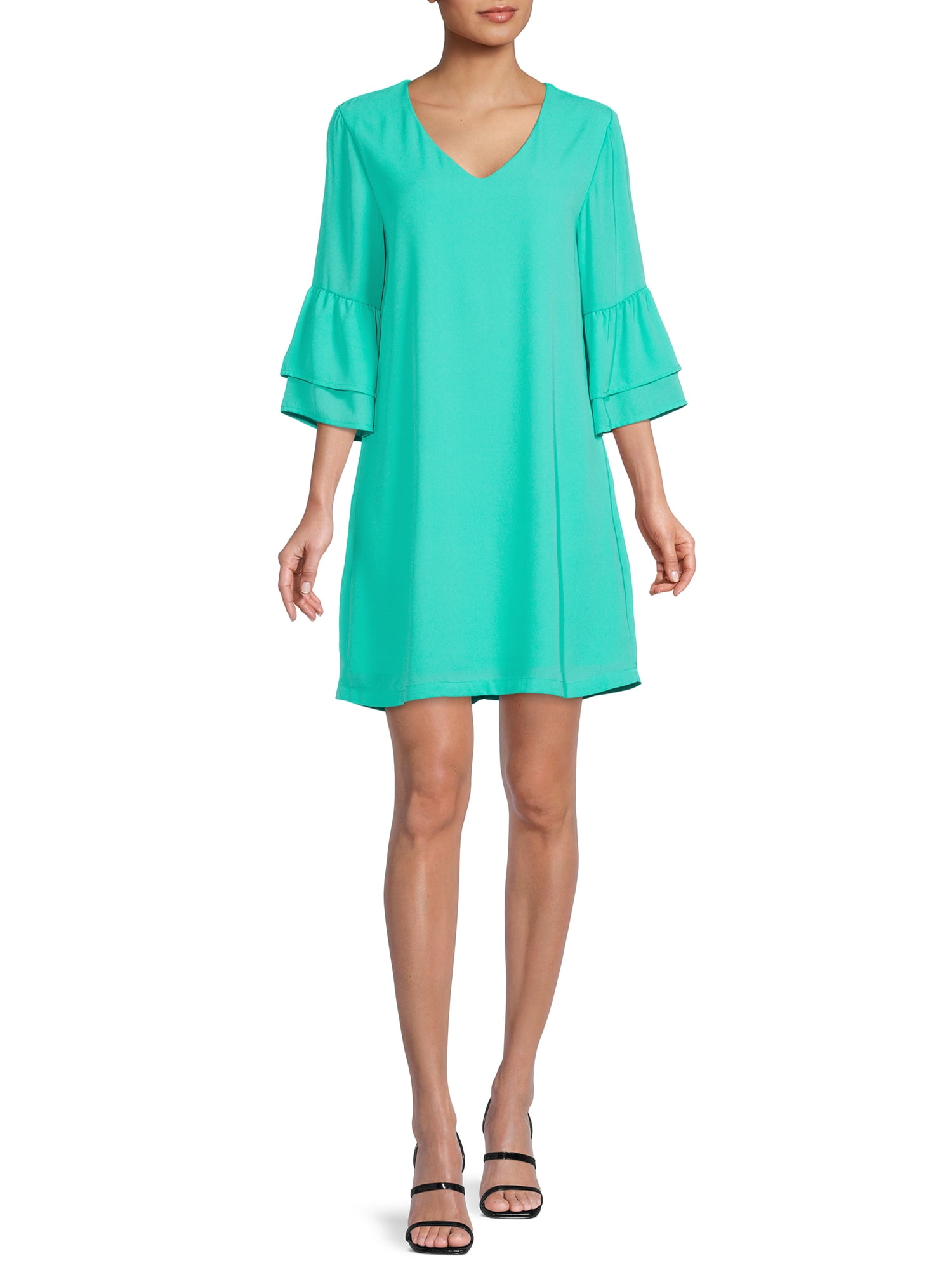 Nine.Eight Women V-Neck Flounce Sleeve Above Knee Shift Dress