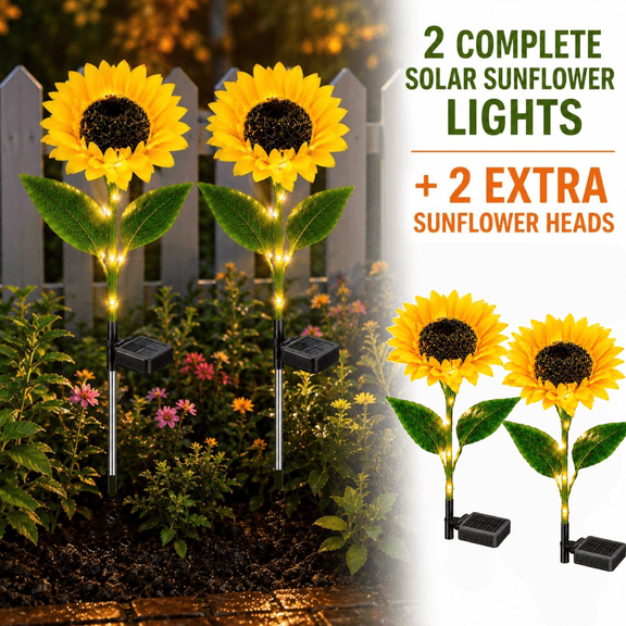 2 Pack Solar Garden Lights with 2 Extra Sunflower Heads, Solar Sunflower Lights Outdoor Waterproof with Auto On/Off, Solar Lights for Patio Lawn Outdoor Decor, Yellow